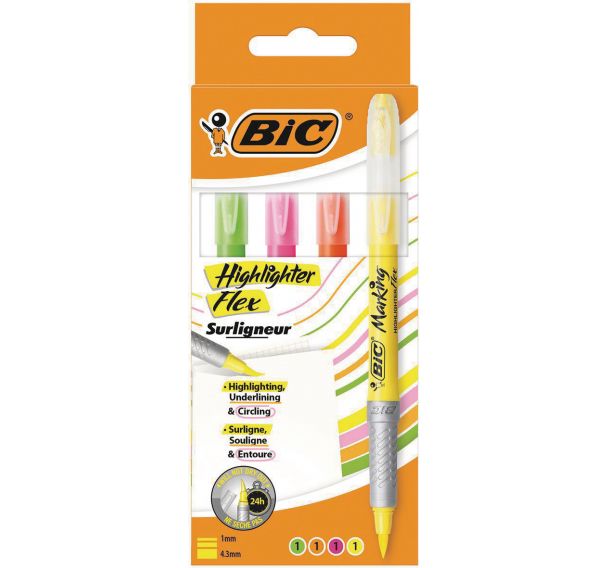 Surligneur BIC Highlighter Grip Flex Coloris assortis Pochette de 4