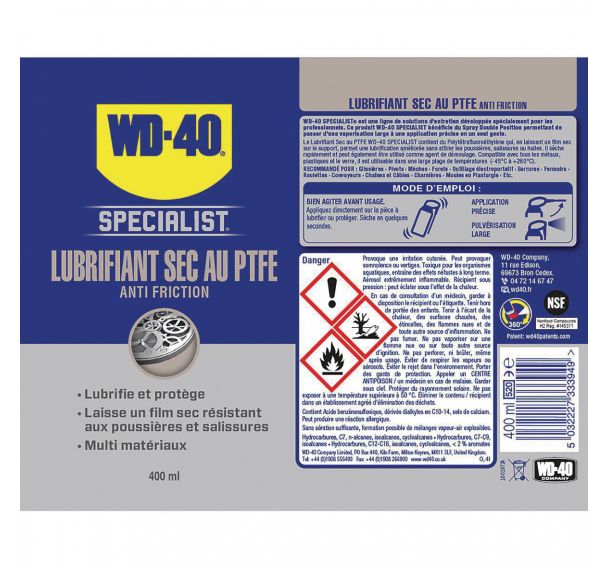 WD 40 Specialist Lubrifiant sec au PTFE anti-friction. 400 ml