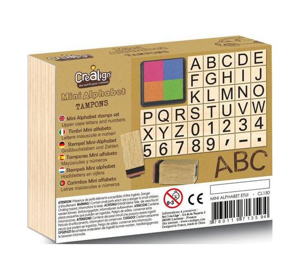 Lot 39 tampons bois mini alphabet majuscules et chiffres + 2 encreurs  doubles 130 x 30 x 105 mm