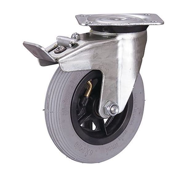 Roulette pivotante avec frein à bandage pneumatique, 150 x 30 mm, gris