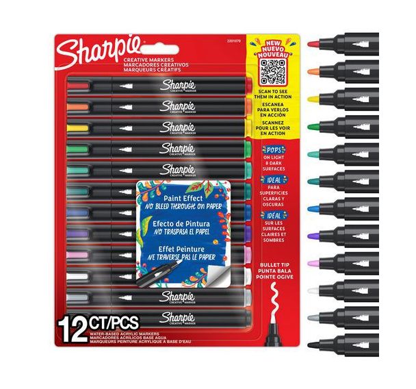 12 marqueurs peinture acrylique Sharpie, coloris assortis