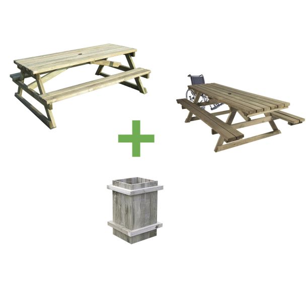 1 table-bancs handy PMR + 1 table-bancs Ouna + 1 poubelle bois Forestière 50 L