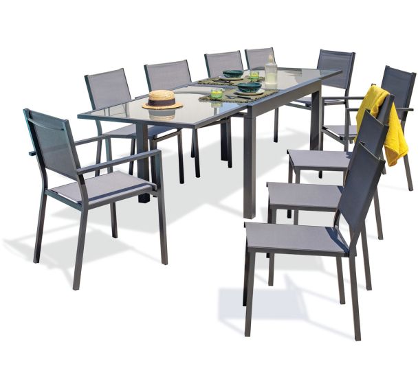 1 table Tolede 270x90cm+8 chaises Tolede+2 fauteuils