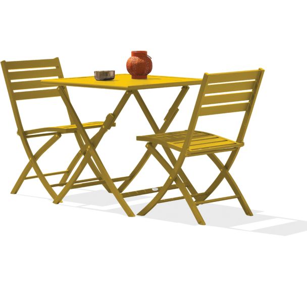 1 table jardin Marius 70x70cm+2 chaises moutarde