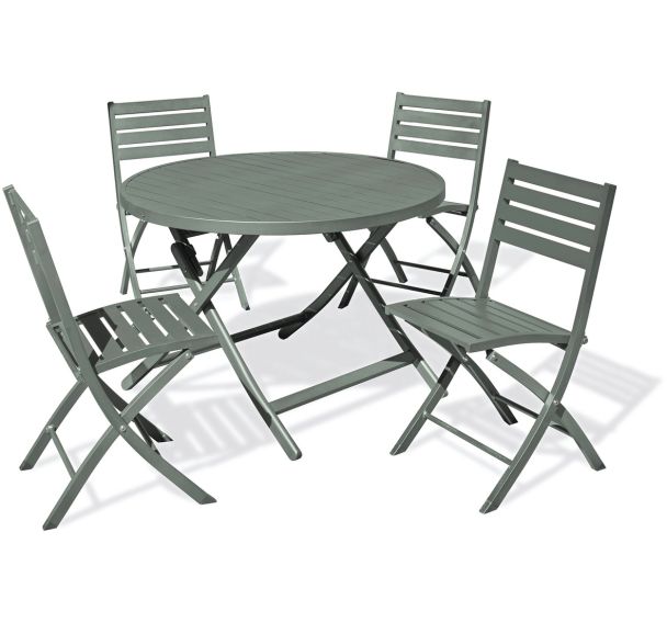 1 table jardin Marius Ø110cm kaki + 4 chaises kaki