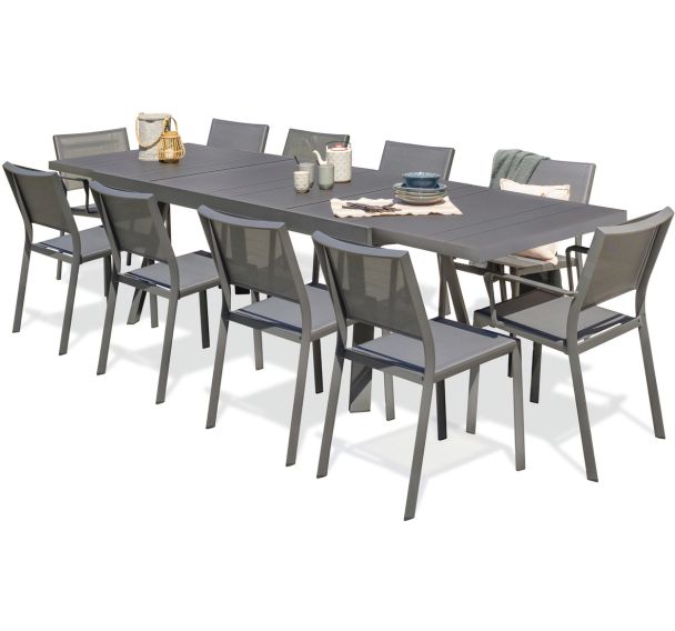 1 table jardin Stockholm 300x96cm+8 chaises+2 fauteuils aluminium