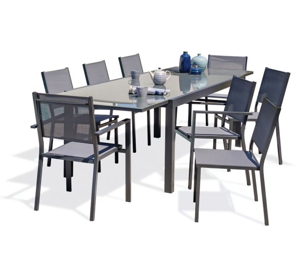 1 table jardin Tolede 300x100cm noir+6 chaises+2 fauteuils