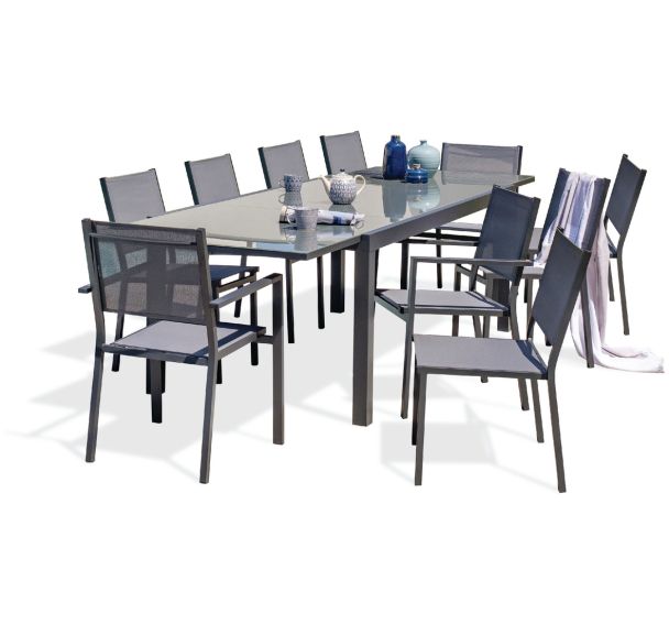 1 table jardin Tolede 300x100cm noir+8 chaises+2 fauteuils