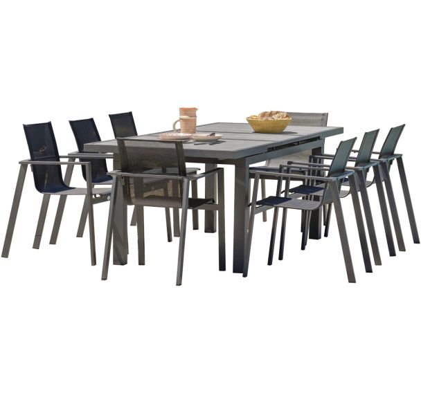 1 table jardin Venise 250x95cm+8 fauteuils Miami alu