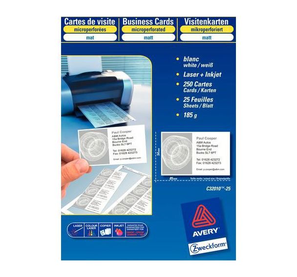 250 Cartes de visite - Bords microperforés - 85 x 54 mm - 185 g/m