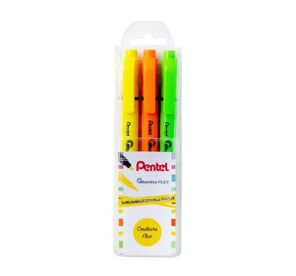 3 surligneurs bi-pointe couleurs fluos : jaune, orange, vert