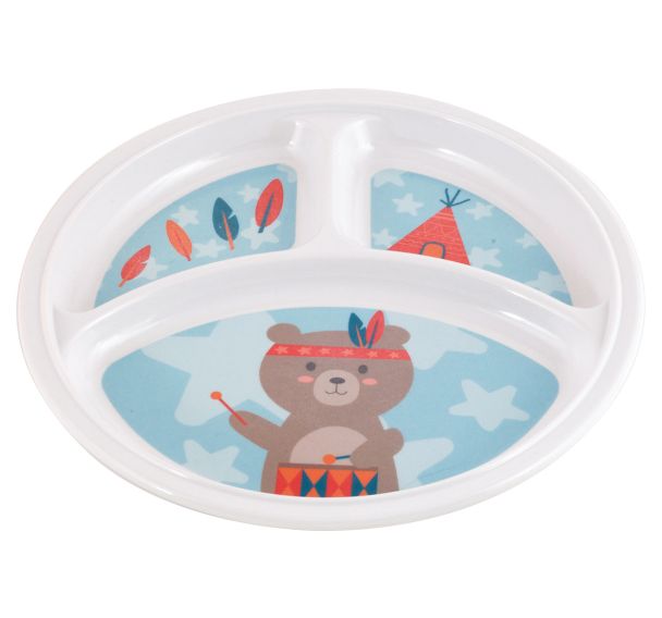 4 assiettes Ø 21,5 cm 3 compartiments mélamine blanche - ourson futé