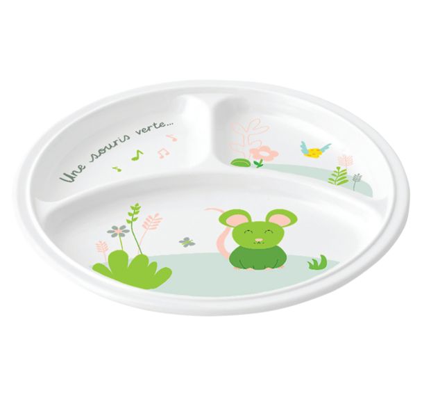 4 assiettes Ø 21,5 cm 3 compartiments mélamine blanche - souris verte