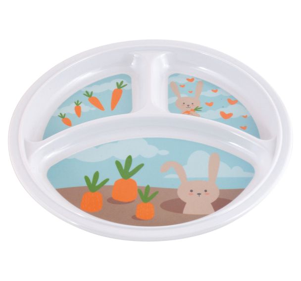4 assiettes Ø 21,5 cm 3 compartiments mélamine blanche lapin gourmet