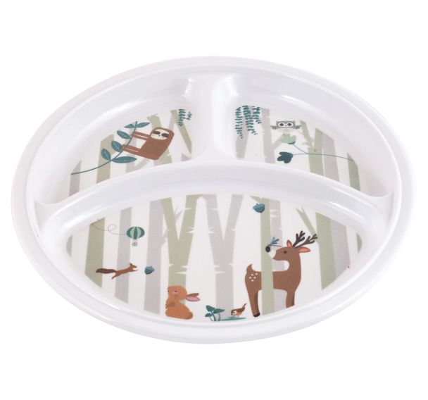 4 assiettes Ø 21,5 cm 3 compartiments mélamine blanche rêve de forêt