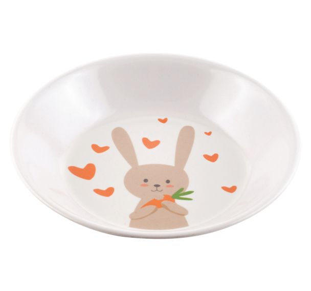 4 assiettes à bouillie Ø 18,5 cm mélamine blanche - lapin gourmet
