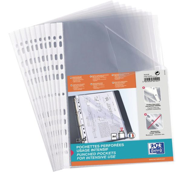 50 Pochette perforée lisse incolore A4 PP90 - Oxford