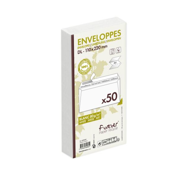 50 enveloppes 110x220 80g blanc recyclé, ss cello