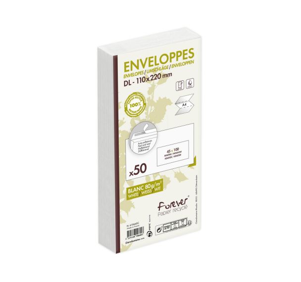 50 enveloppes 110x220 fen45x100 80g blanc recyclé, ss cello