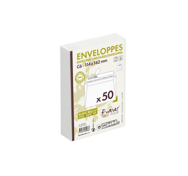 50 enveloppes 114x162 80g blanc recyclé, ss cello