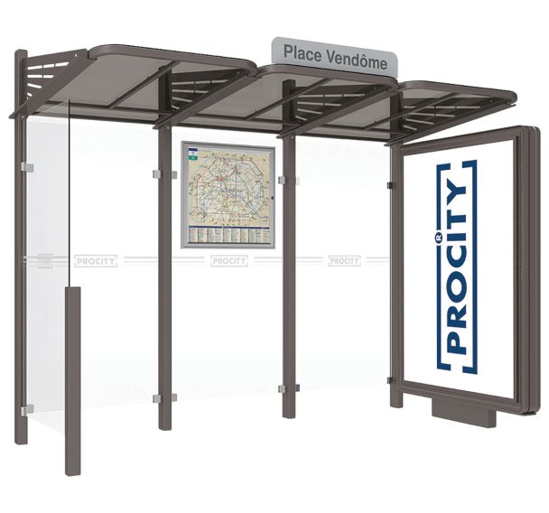 Abri bus Conviviale 3 m caisson lumineux droite bardage gauche Procity
