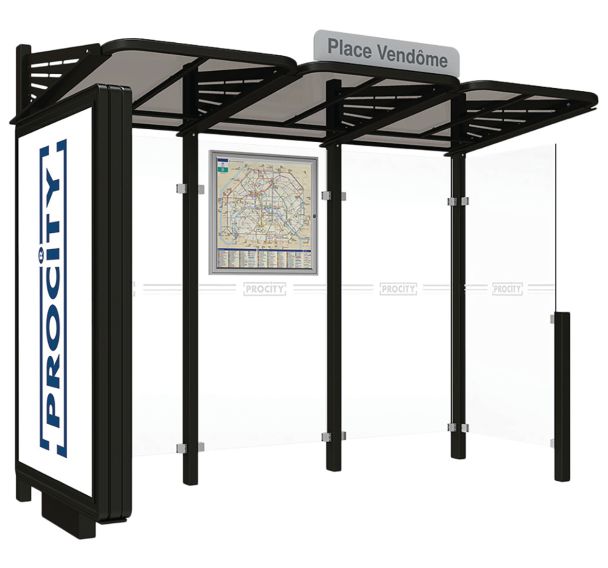 Abri bus Conviviale 3 m caisson lumineux gauche bardage droit Procity
