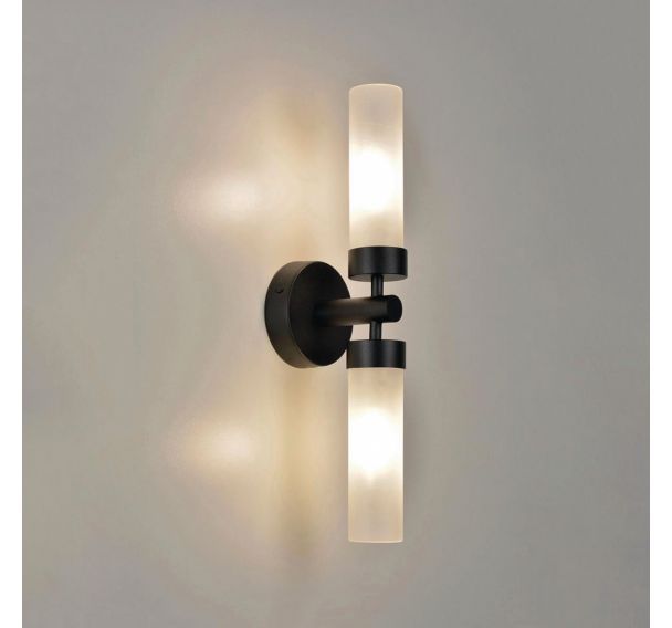 Applique 2 lumières ronde en métal. Abat-jour en verre opale noir