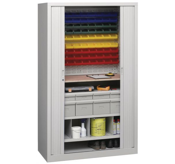 Armoire à rideaux universelle-3 tablettes col.gris avec panneau fendu pour bacs
