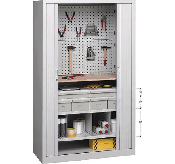 Armoire à rideaux universelle 3 tablettes col. Gris avec panneau perforé