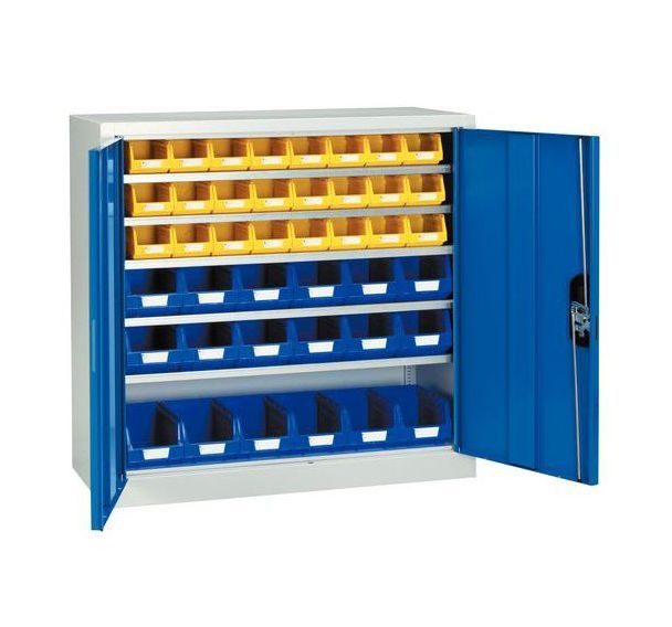 Armoire basse avec portes + 18 bacs 1 L et 12 bacs 3,5 L