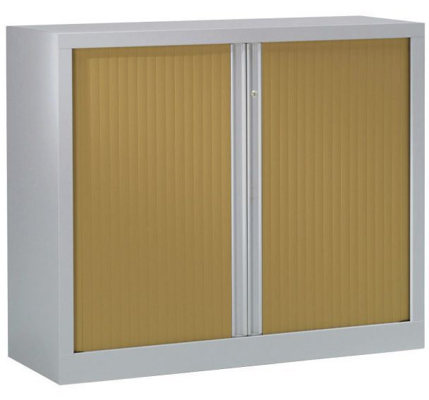 Armoire basse grande largeur à rideaux ton bois à monter Vinco