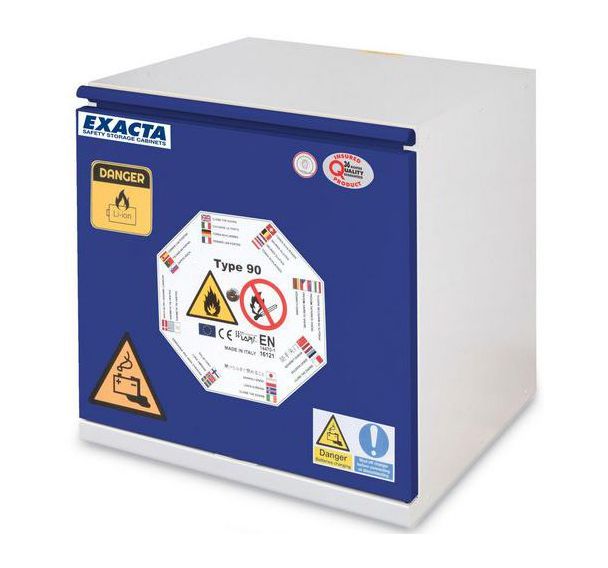 Armoire basses bleues pour batteries lithium-ion avec alarme et prises - Exacta