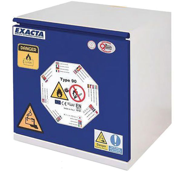 Armoire de sécurité basse bleue pour batteries lithium-ion avec prises - Exacta