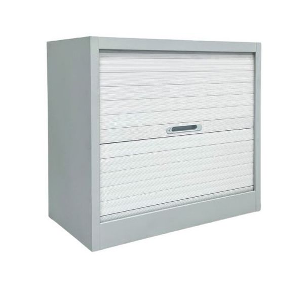 Armoire reconditionnée basse à rideaux - Blanche et grise