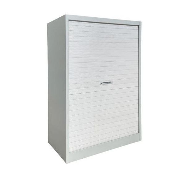 Armoire reconditionnée mi-haute à rideaux - Blanche et grise