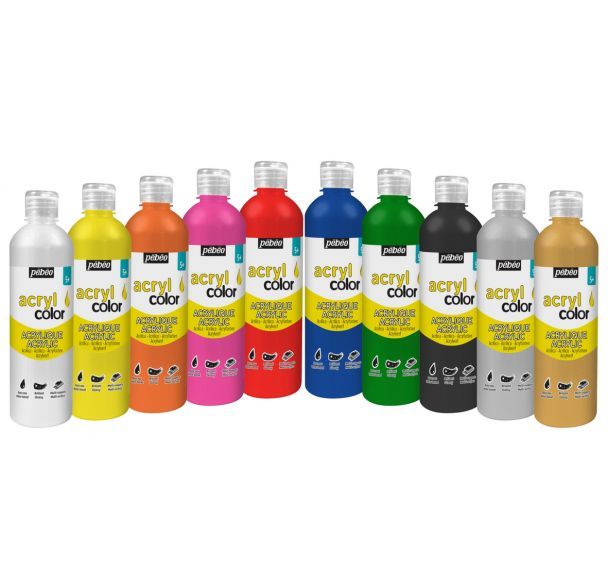 Assortiment 10 flacons 500 ml gouache acrylique Acryl'color Pébéo