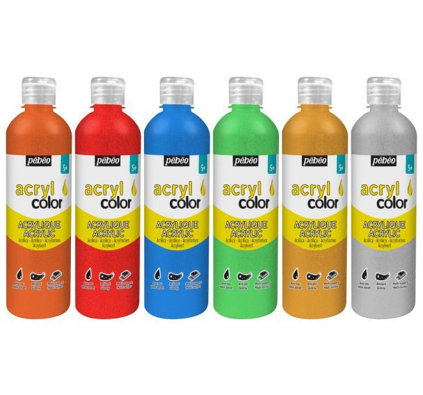 Assortiment 6 flacons 500 ml Acryl'Color Pebeo peinture pailletée