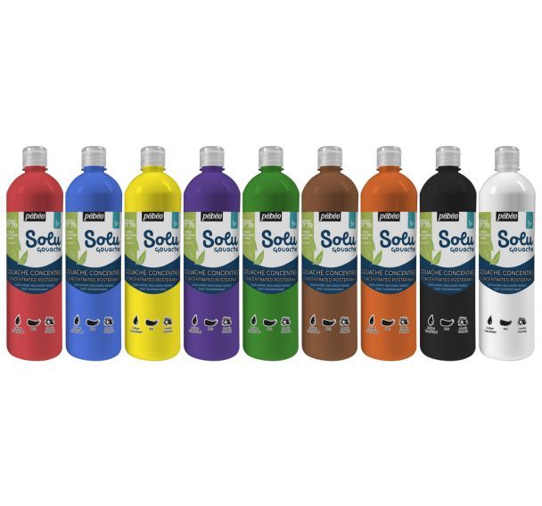 Assortiment 8 flacons 1 litre solugouache pebeo + 2 blancs OFFERTS