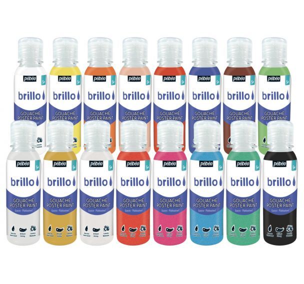 Assortiment de 16 flacons de 150 ml de gouache brillo pebeo couleurs assorties