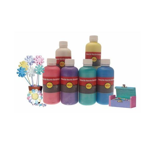 Assortiment de 6 flacons de 250 ml de  gouache acrylique nacrée pichon