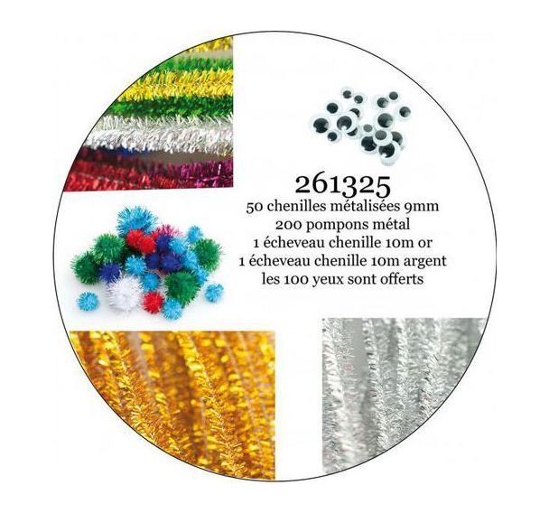 Atelier chenilles et pompons étincelantes + 100 yeux mobiles adhésifs noir 7 mm, 10 mm, 12 mm, 15 mm OFFERTS