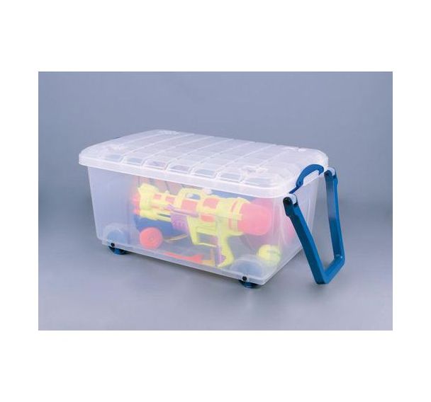 Bac de rangement 64 litres incolore avec couvercle, poignées et roulettes