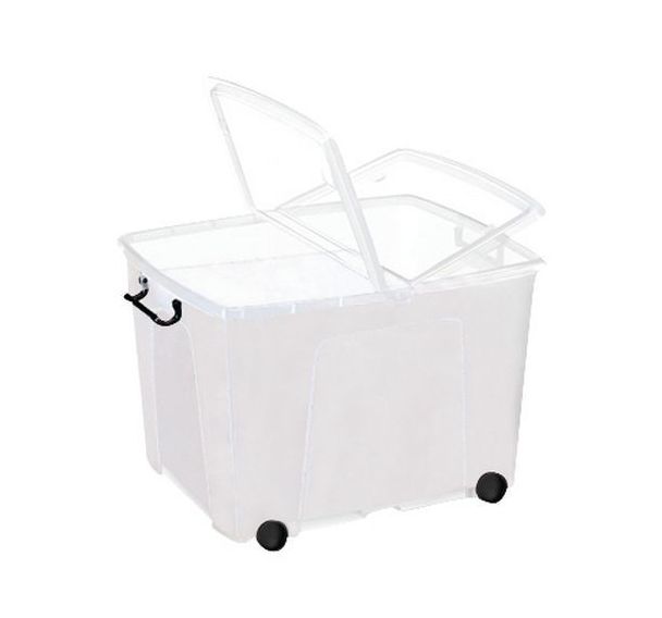 Bac rangement Strata Couvercle 2 rabats sur roulettes 75 L Transparent