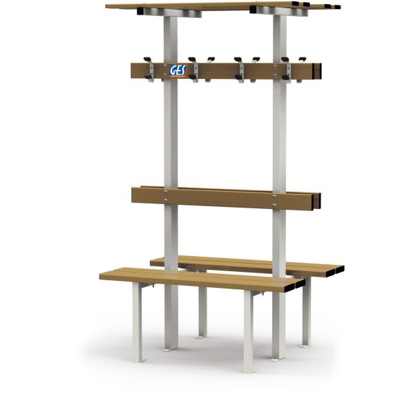 Banc Vestiaire double sur pieds avec porte patères et porte sacs GES Assise Bois