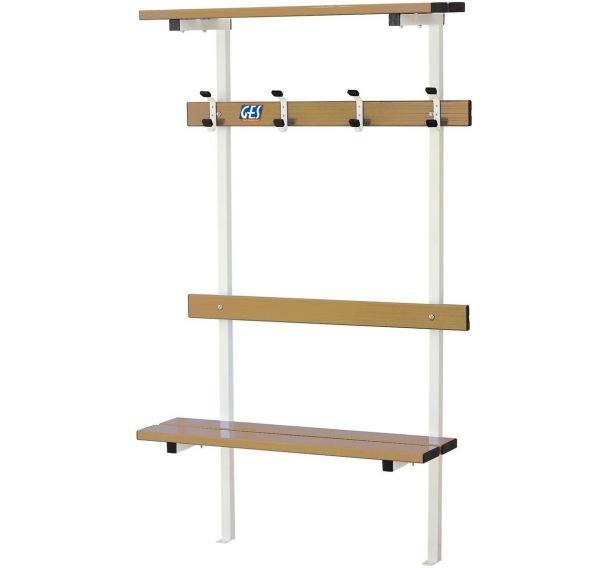 Banc vestiaire mur sol porte patère et porte sac GES assise bois alu