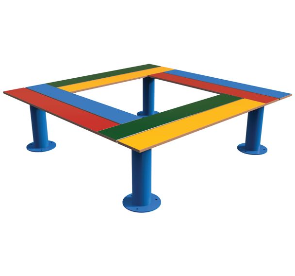 Banquette NINOU carrée assise lames HPL multicolore structure métal bleu 5017