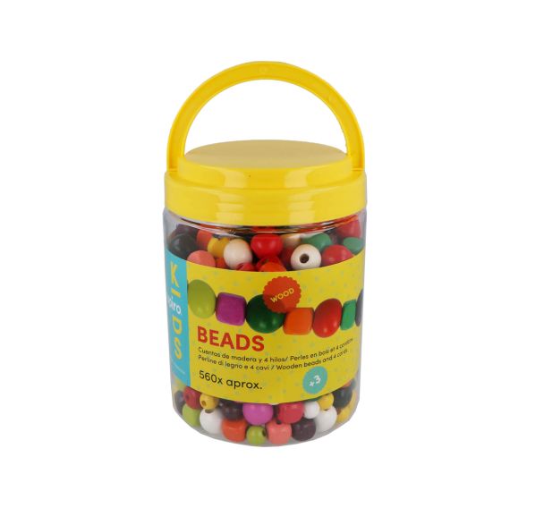 Baril 500 g perles en bois colorés + 4 cordons