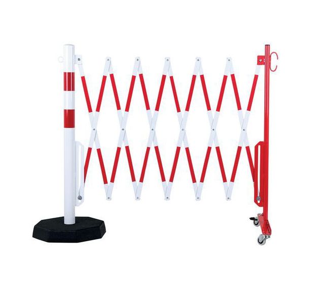 Barrière extensible sur roulettes avec poteau à socle lourd - Crash stop®