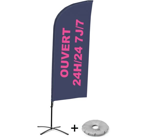 Beach flag avec pied croix Ouvert 24/7 - Français - Showdown Displays