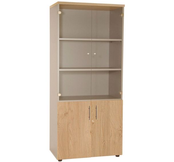 Bibliothèque Phylos 2 portes battantes+ 2 portes verre coloris chêne clair/alu